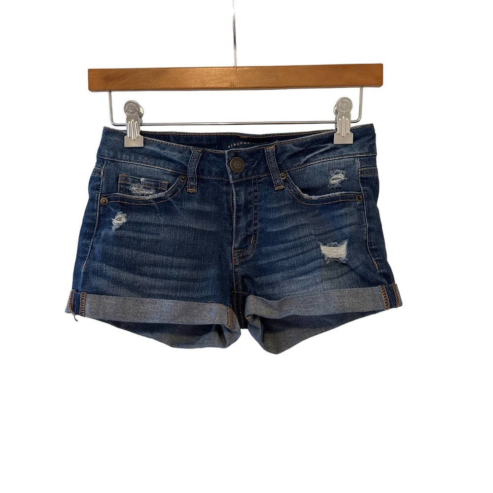 Aeropostale Shorty Distressed Blue Denim Shorts with Rolled Cuffs 00‎ Pre-owned